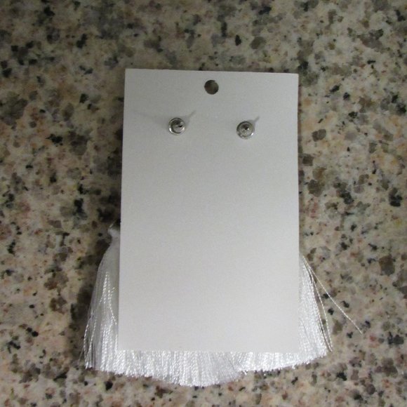 Silver Triangle Hoop Earrings with White Tassels - Picture 2 of 3